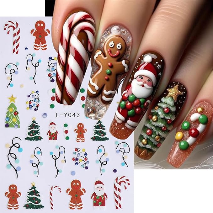 6 Sheets Christmas Nail Stickers 5D Embossed Holly Nail Art Stickers Snowflake Xmas Tree Santa Claus Candy Cane Designs Colorful Light String Nail Decals for Women DIY Acrylic Manicure Decoration