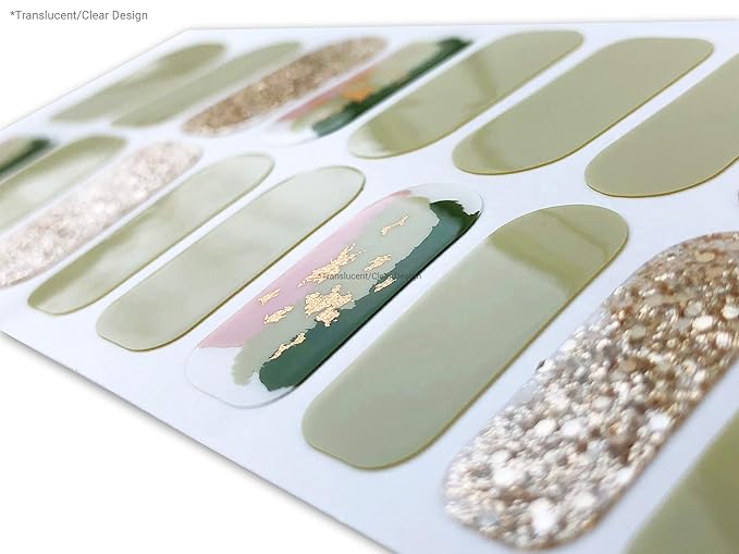 | 20 Exquisite Gel Nail Polish Strips w/Application Accessories - No UV/LED Lamp Required (Pale Green, Pink, Gold & Sparkles)