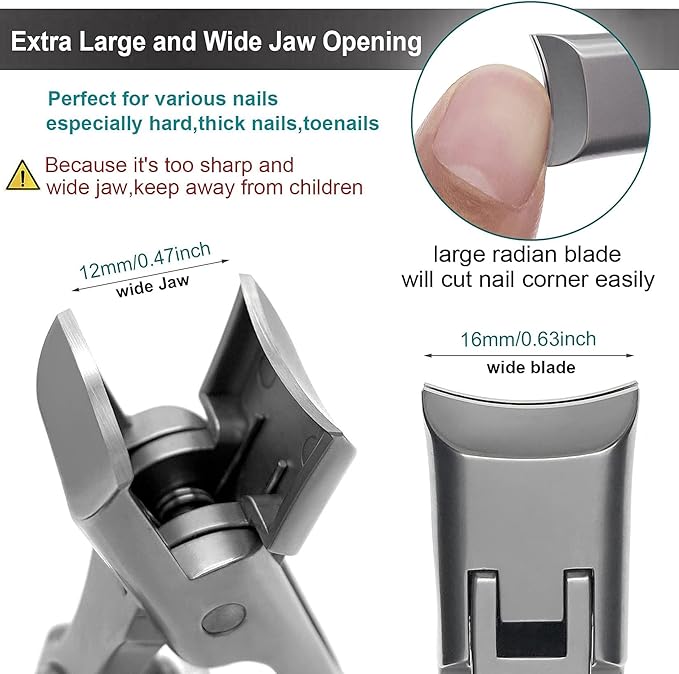 Nail Clippers for Men Thick Nails, Large Wide Jaw Opening Long Handle Heavy Duty Ultra Sharp Toe Nail Clippers with Catcher for Seniors,Adult,Women (Silver with File)