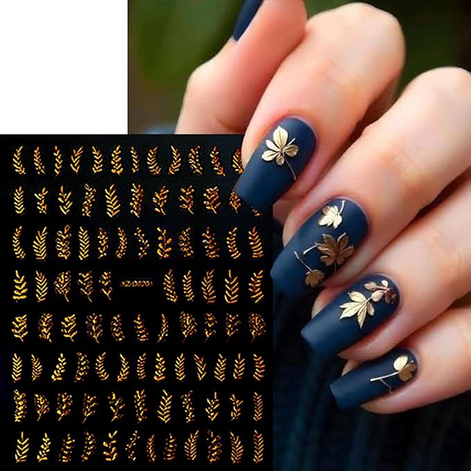 12 Sheets Fall Gold Leaves Nail Art Stickers Maple Leaf Flower Nail Decals 3D Self Adhesive Shiny Autumn Leaves Nail Stickers Design Manicure Supplies Decoration for Women Acrylic DIY Nails