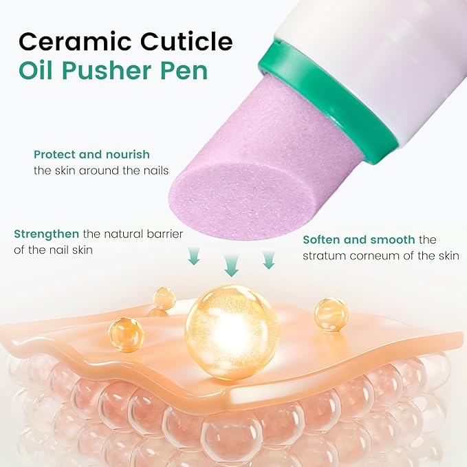 Ceramic Cuticle Oil Pusher Pen: 3-in-1 Nail Cuticle Buffer Pens for Hangnails, Dry & Damaged Nails, Moisturize Strengthen Brighten Nails Care