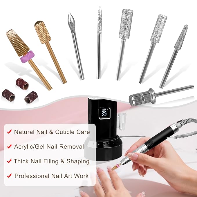 Professionl Nail Drill, 80w Brushless Pro Electric Nail Drill 35000rpm HoMove Cordless Nail Efile, High Torque, Quiet & Vibration-Free Electric Nail File for Nail Technicians,Home DIY (Black)