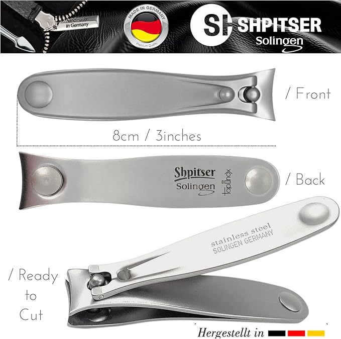 Shpitser Nail Clipper of Solingen Stainless Steel, German TopInox German Fingernails and Toenails Clipper, Nail Care for Men and Women in Genuine Leather Case (Dark Brown)