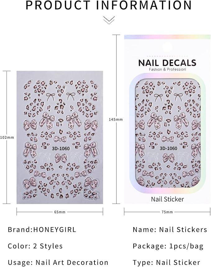 Leopard Print Bow Nail Stickers Self-Adhesive, 2 Sheets Mini Nail Art Decorations Kit - DIY Easy Apply for Everyday, Party, Gifts