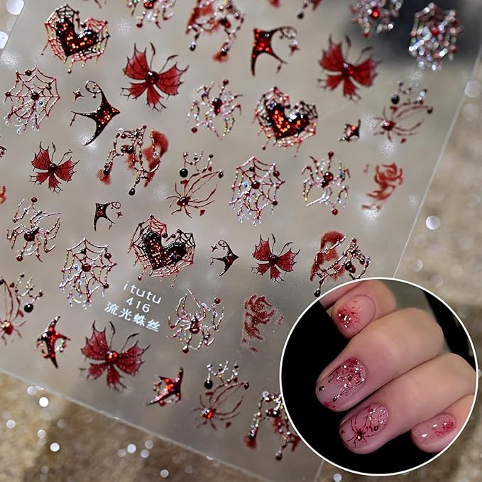 Halloween Nail Stickers for Nail Art 5D Red Rhinestone Spider Nails Decals Self Adhesive Bloody Butterfly Heart Spider Web Design Halloween Spider Nails Art Stickers for Women Manicure Supplies 1PCS