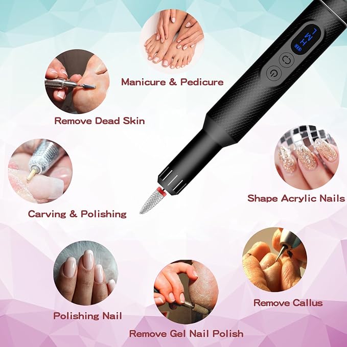 Pinkiou Electric Nail Drill, Cordless Electric Nail File ,Manicure Pedicure Kit for Acrylic,Gel Nails,Rechargeable Nail Drill,Professional Nail Grinder for Home Salon Use