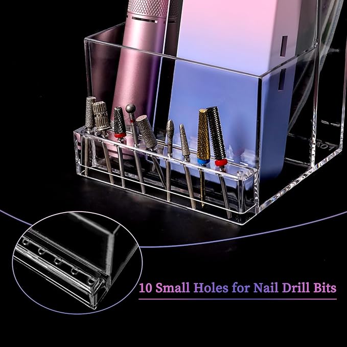 ANGNYA Nail Drill Bit Storage Box, Transparent 10-Hole Holder, Plastic Tool Organizer for Nail Tech Supplies