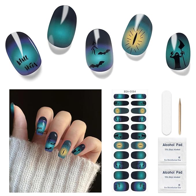Halloween Gel Nail Stickers No UV Light Needed, 22Pcs Gel Nail Strips Set, NailWraps Polish Art DIY for Women, Salon Quality, Includes Prep Pads & Wood Stick (Bat)