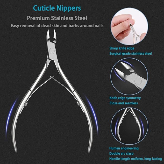 Cuticle Trimmer with Cuticle Pusher, 7PCS Professional Cuticle Remover Cutter Nippers Clippers and Premium Stainless Steel Durable Manicure Tools Kit for Toenails and Fingernails