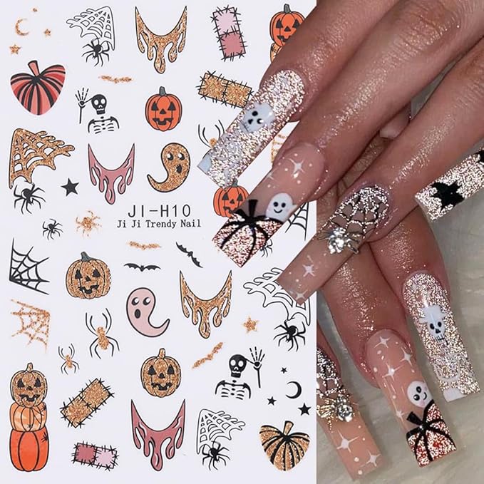 Halloween Nail Art Stickers Glitter Pumpkin Spider Web Nail Decals 3PCS Ghost Spider Gold French Tip 3D Self-Adhesive Design Halloween Nail Stickers Nail Art Supplies for Women DIY Manicure Decoration