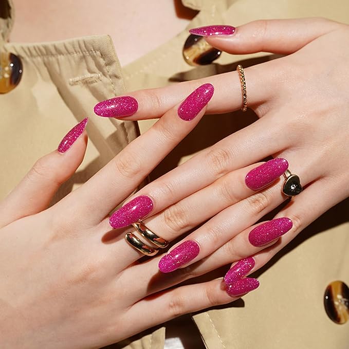 Semi Cured Gel Nail Strips, 20pcs Sparkling Berry Pink Gel Nail Stickers - Works with Any UV Lamps, Long Lasting Full Wraps, Easy to Apply and Remove