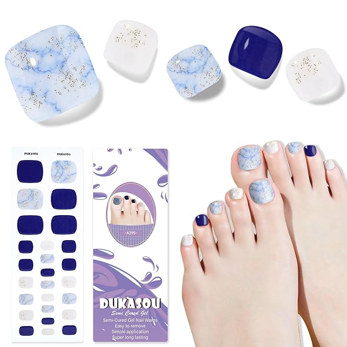 Semi Cured Gel Toe Nail Strips,26 Pcs Toes Nail Stickers Wraps(Deep Blue),UV Light Required,Easy to Apply
