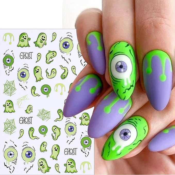 8 Sheets Halloween Nail Art Stickers 3D Self Adhesive French Pink Flame Nail Stickers Pink Pumpkin Heart Spider Web Green Ghost Eye Nail Decals for Women Girls Scary Halloween Manicure Decoration
