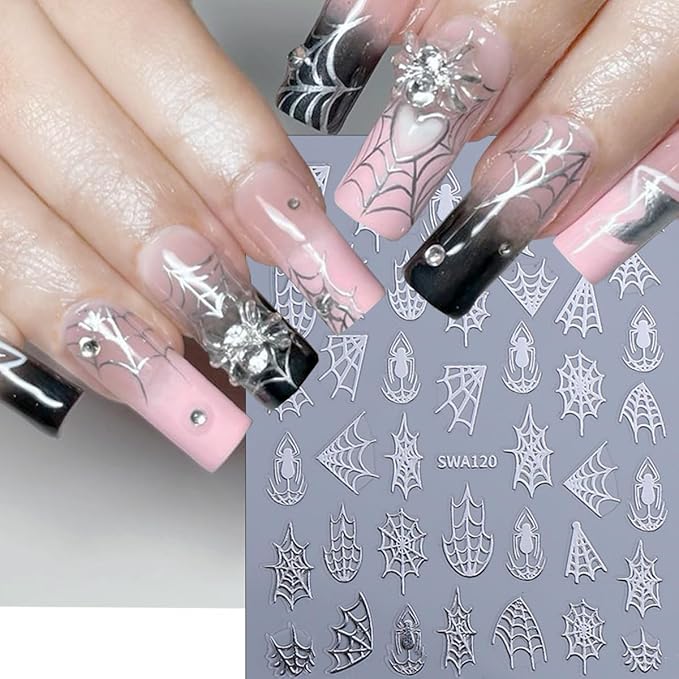 8Pcs Spider Nail Art Stickers 3D Self Adhesive Horror Goth Nail Decals Black White Gold Silver Halloween Nail Stickers Holiday Nail Design Supplies Spider Web Sticker for Women Manicure Decoration
