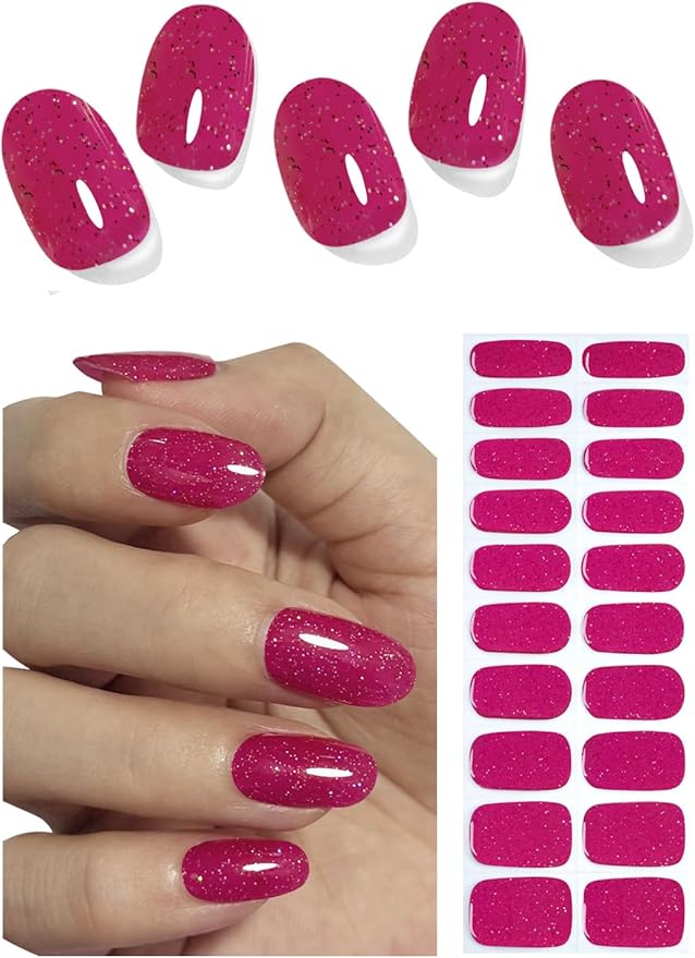 Semi Cured Gel Nail Strips, 20pcs Berry Pink, Glitter Gel Nail Stickers UV for Home Nails DIY