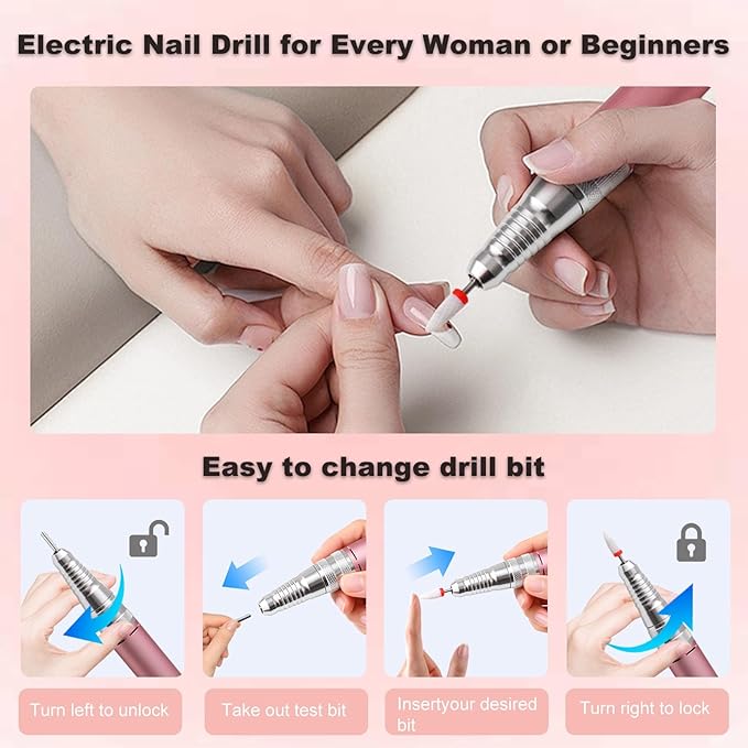 Electric Nail Drill File, Professional 40000RPM Nail E-File Drill, Rechargeable Cordless Nail Drill with Bits & Base for Acrylic Nails Remove Nail Gel Polish Manicure for Home Salon Use (Pink)
