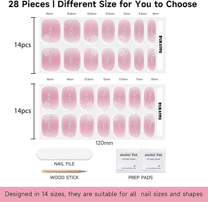 Semi Cured Gel Nails Strips - 28 pcs UV Gel Nail Stickers for Women Work with Any UV Lamp, Long Lasting Nail Wraps for Home DIY Nails Art