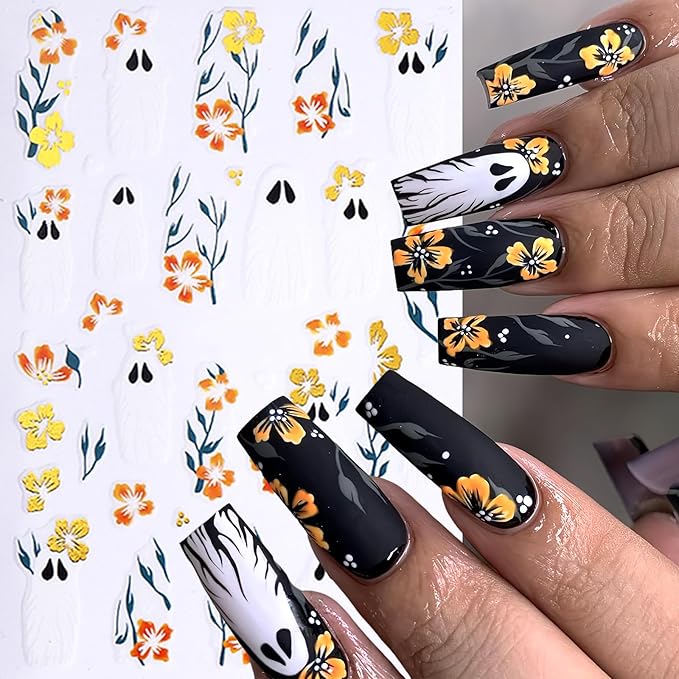 8 Sheets Halloween Nail Art Stickers Cute Ghosts Nail Decals Spooky Black Cat Flower Mirror Ghost Spider Web Design Pumpkin Bat Spider Nails Supplies Flower Ghost Nail Decor for Women DIY Manicure