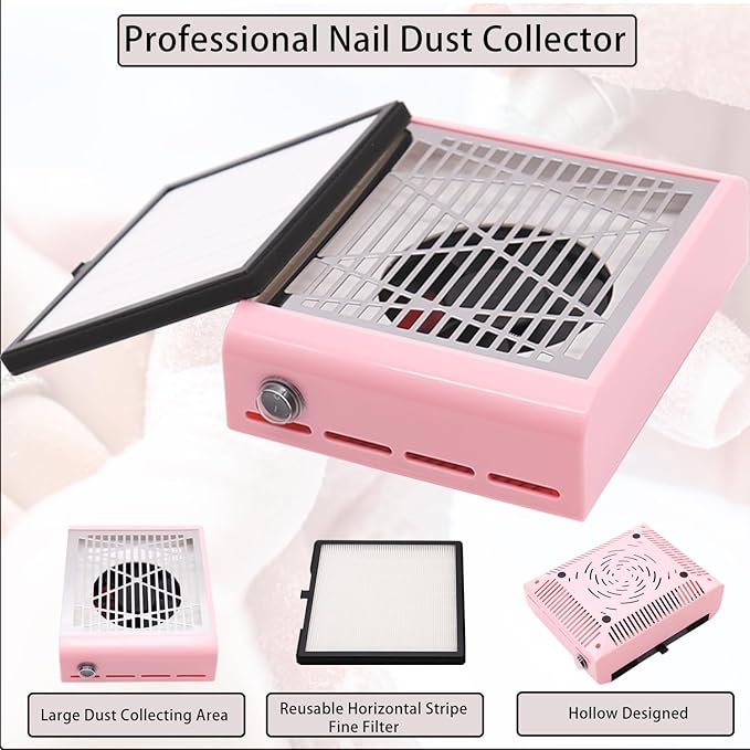 Electric Nail Dust Collector Machine, Nail Vacuum Suction Fan with Reusable Filters, Stainless Steel Nail Dust Cleaner, Dust Extractor Manicure Tool for Acrylic Gel Nail Polishing, Pink