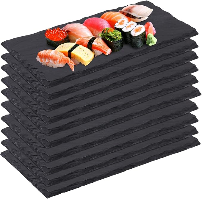 10 Pack 10 x 4.72 Inch Slate Cheese Boards, Black Rectangle Slate Charcuterie Boards, Natural Charcuterie Stone Plates for Parties, Gifts, and Special Events, Cheese, Sushi, Food.