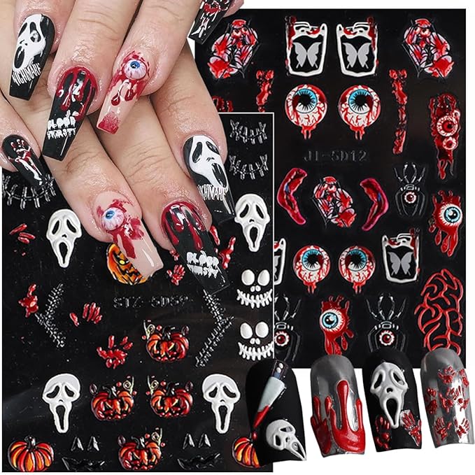 8Sheets Halloween Nail Stickers for Nail Art 5D Embossed Skull Ghost Nail Decals Self-Adhesive Pumpkin Spider Bat Eyes Skeleton Designs Horror Goth Nail Art Stickers for Women DIY Manicure Decoration