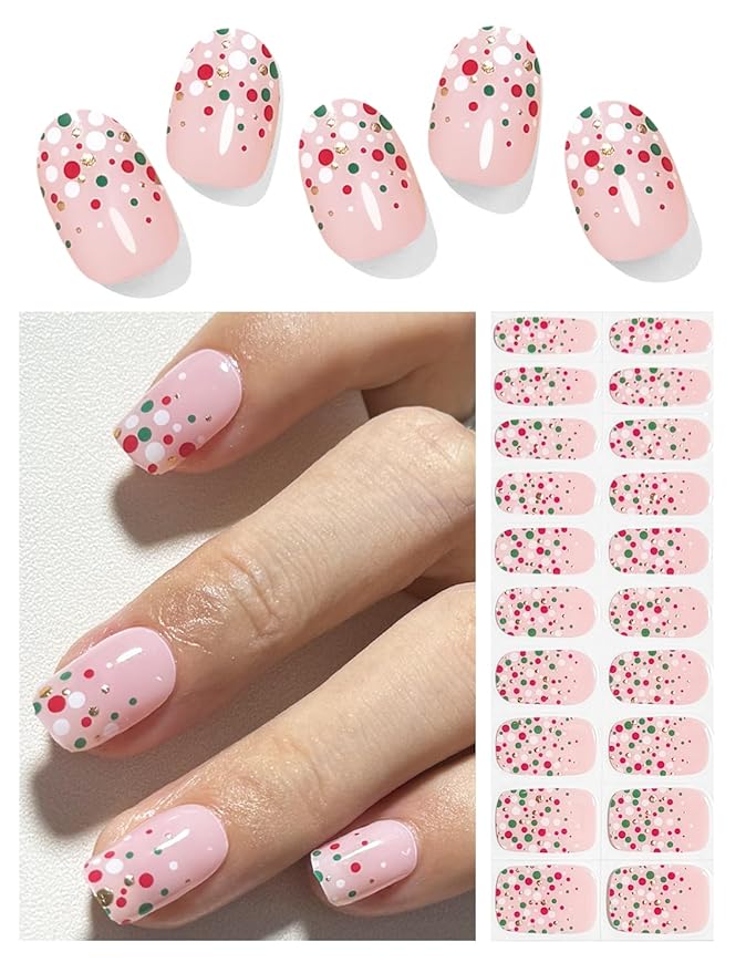 Semi Cured Gel Nail Strips, 20pcs Gel Nail Stickers UV, Gel Nail Wraps for Home Nails DIY,French Dots