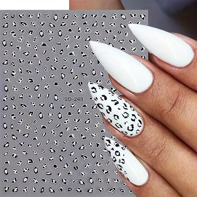 Leopard Nail Stickers Fall Nail Decals 6PCS 3D Self-Adhesive Pink White Brown Leopard Print Nail Design Stickers Cute Autumn Nail Art Supplies Fall Nail Art Sticker for Women DIY Nail Decorations