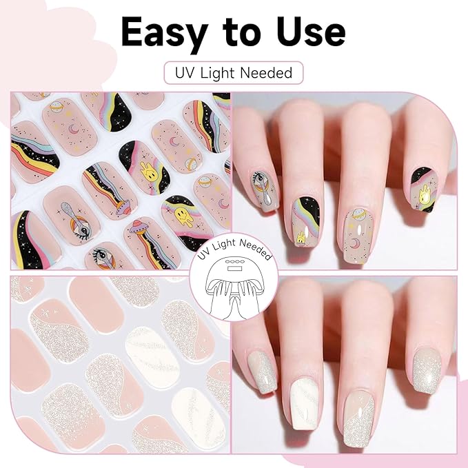 Semi Cured Gel Nail Strips 2 Set, (Creamy Rose,Funny Nude) 56 Pcs Gel Nail Wraps,Stickers Works with Any UV/LED Lamps,Long Lasting,Salon-Quality, Easy to Apply