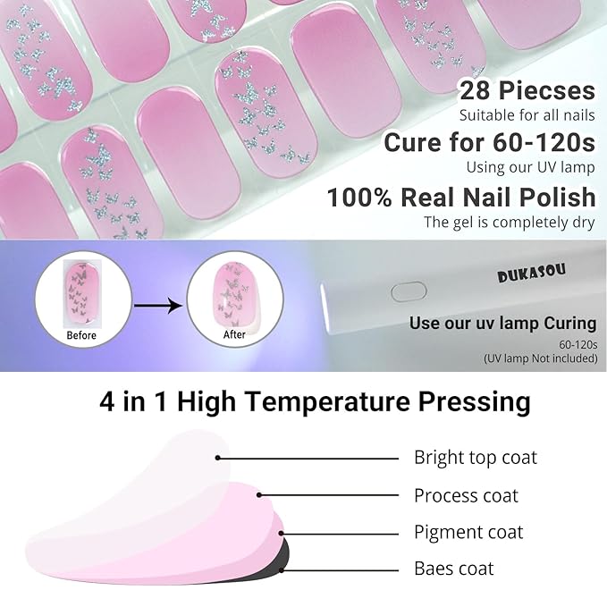 Semi Cured Gel Nail Strips, Gradient Pink | 28 pcs Gel Nail Strips Work with Any UV Lamp, Salon Quality UV Nails Stickers, Easy to Apply for Home Nails DIY