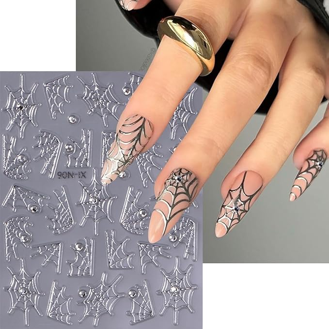 Spider Web Nail Stickers Halloween Nail Sticker for Nail Art 3D Self Adhesive Nail Decals Star Heart Water Drop Flame Design Spider Nail Art Stickers for Women DIY Salon Manicure 6 Sheet