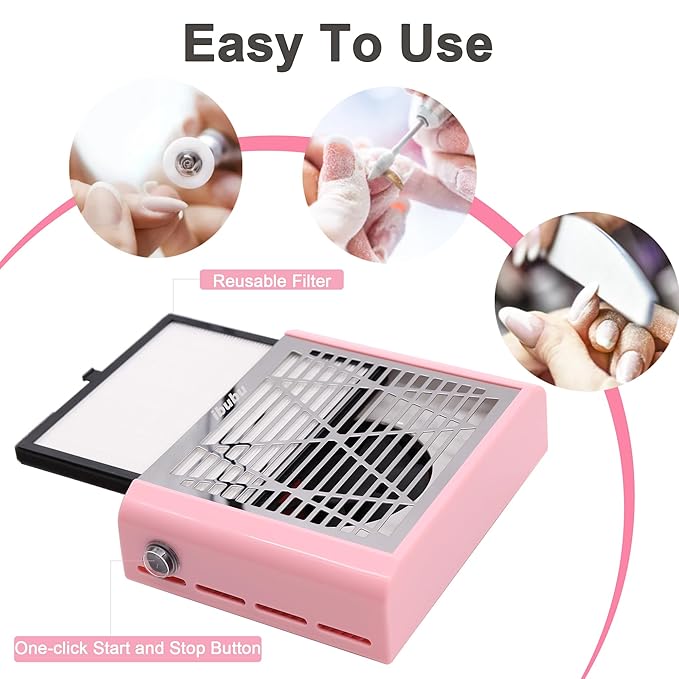 Professional Electric Nail Dust Collector Machine - Strong Suction Dust Vacuum Cleaner with Reusable Filters - Nail Salon Dust Extractor for Manicure Salon - Pink