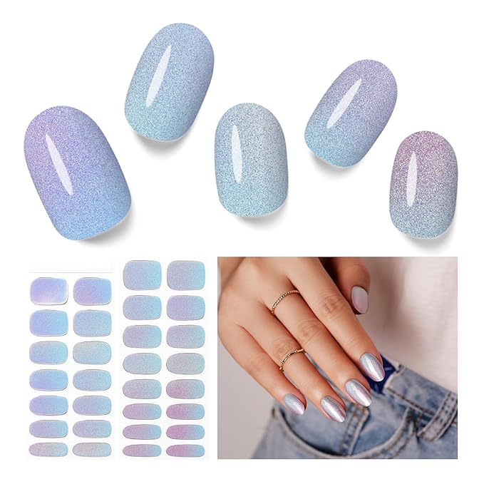 Semi Cured Gel Nail Strips - 30PCS Long-Lasting Nail Wraps, Salon-Quality Semi Cured Stickers, 2 Weeks Wear, Easy DIY Manicure - Indigo Twilight