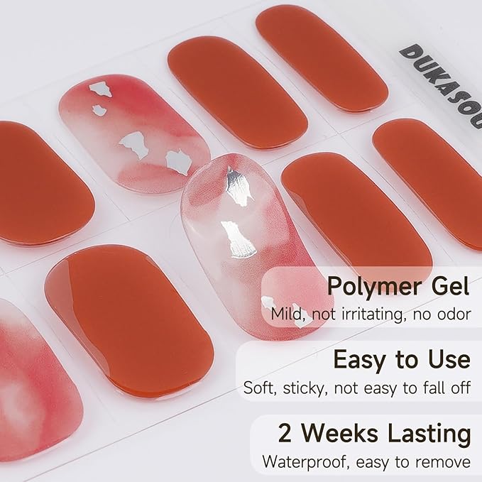 Semi Cured Gel Nail Strips | 28 pcs Gel Nails Strips Work with Any UV Lamps, Long Lasting UV Nail Stickers for Women DIY Nails Wraps(Scarlet Meteor)