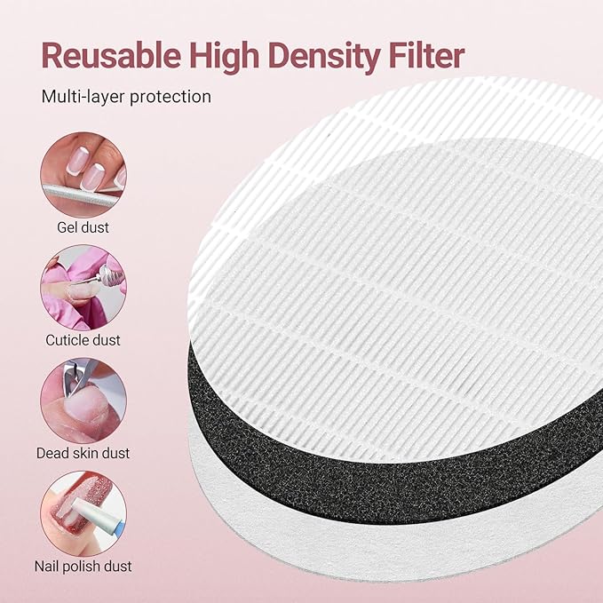 Nail Dust Collector 5000RPM Quiet Vacuum Fan with Dustwith Reusable Filter for Home & Salon Manicure - Beginners & Pros