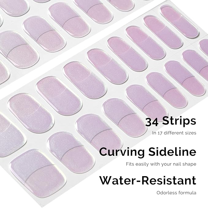 Semi Cured Gel Nail Strips - NAILOG 34 Pcs French Clear Glitter Nail Stickers Extra Long Wraps with Glossy Gel Finishing, Magic Aura