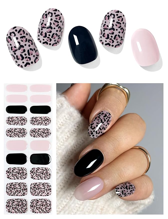 Semi Cured Gel Nail Strips (Pink Leopard), Purple, 20 Pcs Gel Nail Wraps, Stickers, UV Light Required, Salon Quality, Long Lasting