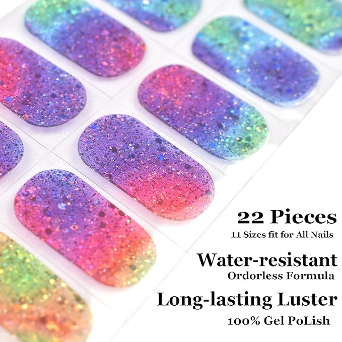 Semi Cured Gel Nail Strips Salon-Quality, Long Lasting Adhere Nail Art Stickers Decals (Colorful Sequins)