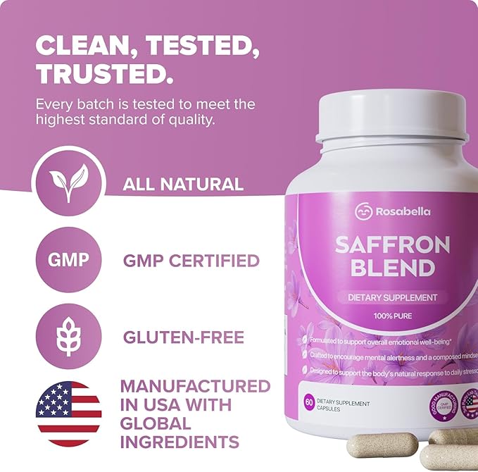 Rosabella Saffron Blend Supplement for Men & Women – Saffron, B6, Magnesium & Herbal Extract Capsules – Supports Mood, Focus & Clarity – Non-GMO, Gluten-Free – 180 Capsules – 90-Day Supply