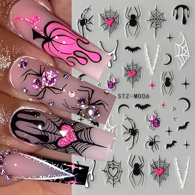 Spider & Bat Halloween Nail Decals - Self Adhesive Ghosts & Web Pattern Design - Day of The Dead DIY Nail Supplies & Charms for Women