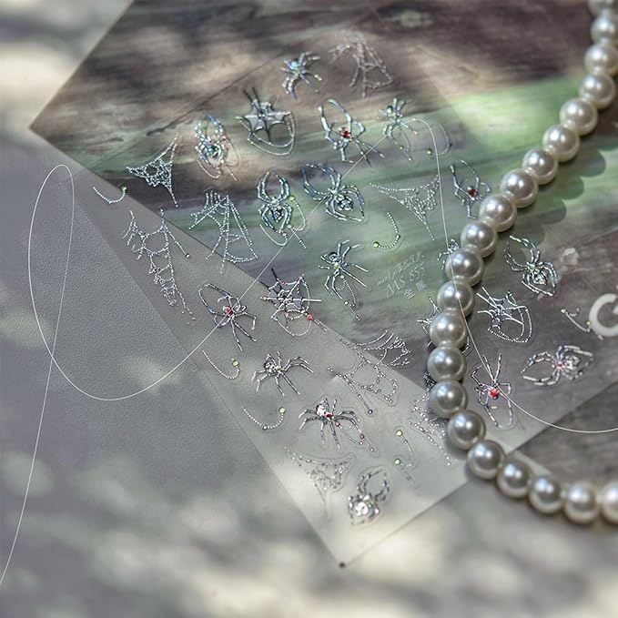 1 Sheets Halloween Nail Stickers for Nail Art 5D Gothic Spider Nail Art Stickers Decals Goth Metal Spider Web Nails Accessories Self-Adhesive Horror Halloween Nails Supplies for Women Nails Decor