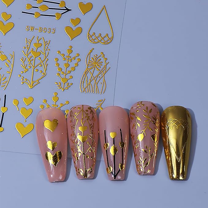 Fall Nail Art Stickers for Thanksgiving, Rose Gold Tree Nail Decals 3D Self-Adhesive with Leaves Heart Design 4Pcs Gold Leaves Tree Heart Nail Art Supplies for Women Nail Decoration