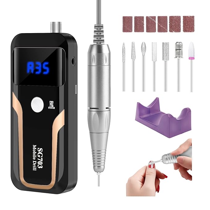 Portable Nail Drill Professional 35000 RPM, MOCOWIND Rechargeable Electric Nail File Machine E File for Acrylic Gel Polishing Removing, Cordless E-File with Bits Kit for Manicure Salon Home, Black