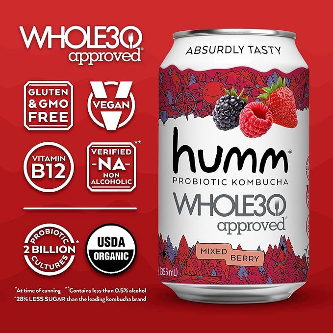 Humm Whole30 Approved Kombucha, Mixed Berry, Organic, Vegan & GMO Free (12 Pack)