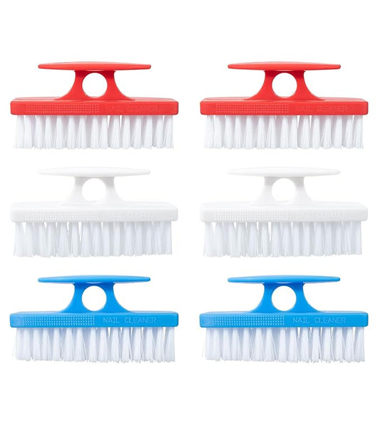 Superio Nail Brush Set (6 Pack) Cleaner with Handle, Durable Brush Scrubber to Clean Toes, Fingernails, Hand Scrubber All Surface Cleaning, Heavy Duty Scrub Brush Stiff Bristles (Red- White- Blue)