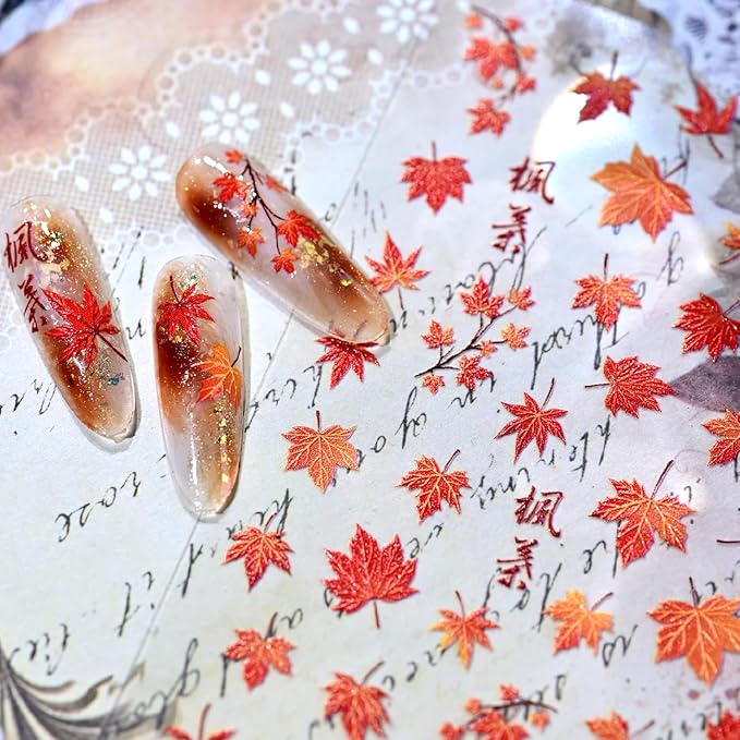 1Sheet Autumn Maple Leaves Nail Art Stickers 5D Embossed Thanksgiving Nails Decals Self Adhesive Fiery Red Maple Leaf Nail Sticker with Glitter Designs Nail Decal for Women Nails Decoration Supplies
