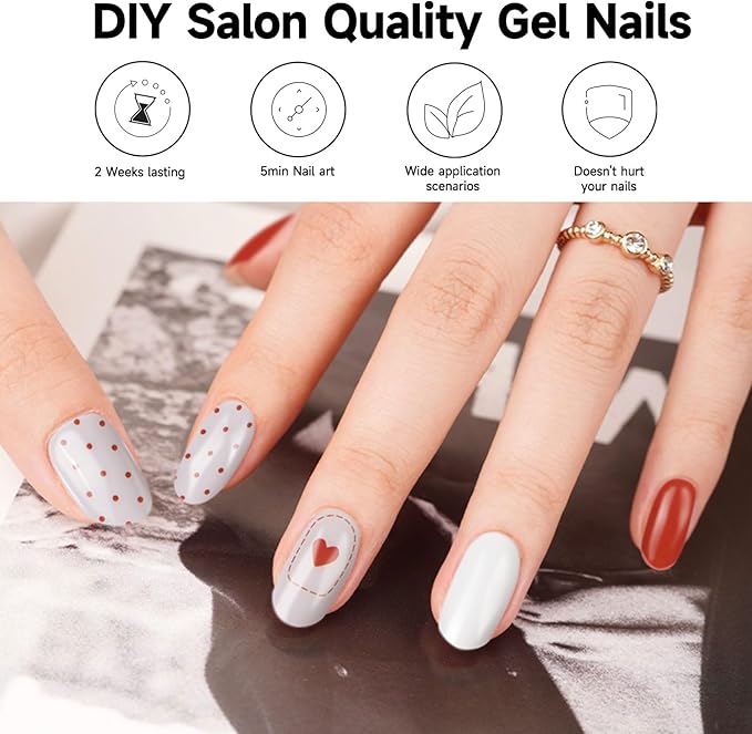 Semi Cured Gel Nail Strips, 28 pcs UV Gel Nail Stickers Full Nails Wraps for Women Home DIY Nails Art, UV Light Required(Love Polka Dots)
