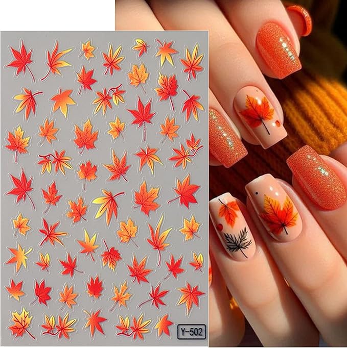 Fall Maple Leaves Nail Stickers for Nail Art Thanksgiving Autumn and Winter Maple Leaf Gradient Maple Leaf Nail Art Designs 3D Self-Adhesive Decals for Women Nail Decoration Supplies 2 Sheets