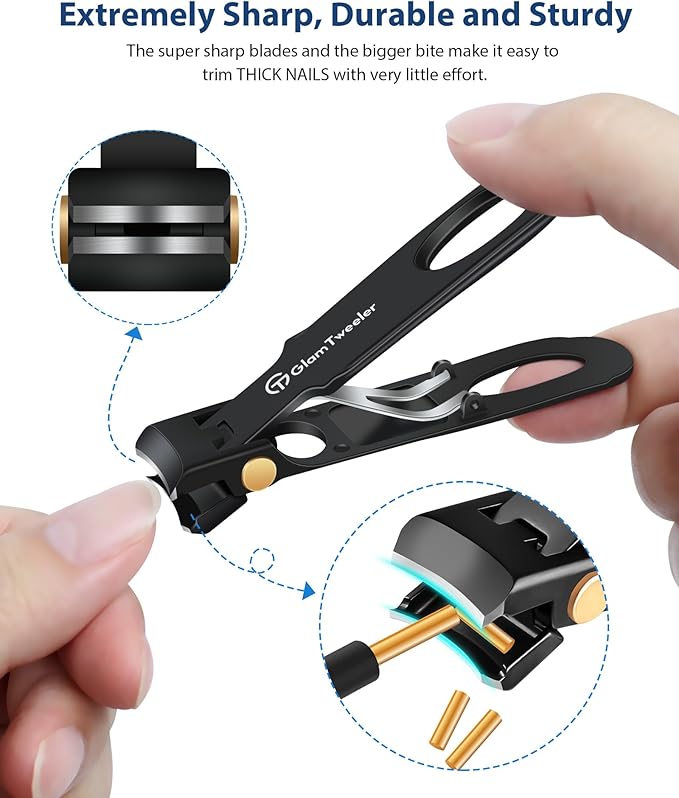 Anti-Splash Wide Jaw Opening Nail Clippers - GlamTweeler Ultra Sharp Extra Large Wide Opening Fingernail and Toenail Clipper with Glass Nail File (Black_Curved)