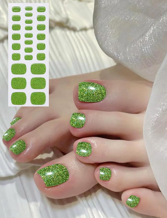Semi Cured Gel Toenail Strips, 26 Green Glitter Gel Toe Nail Stickers, Works with Any UV Lamps