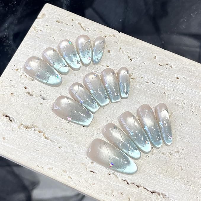Star Nail Art Stickers Sliver Star Chain Nail Decals Self-Adhesive Laser Nail Stickers Shiny Chain Stars Manicure Supplies Cute French Nail Art Accessories for Women Acrylic Nails Decorations 1Pc